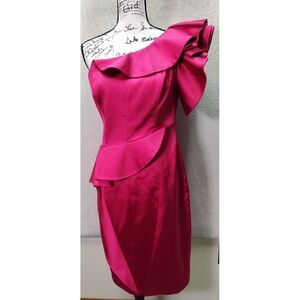 Karen Millen Sheath Dress Women's 10 Magenta Ruffle Trim‎ One Shoulder Side Zip